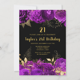 Convites Elegant Purple and Gold Flowers Birthday Party