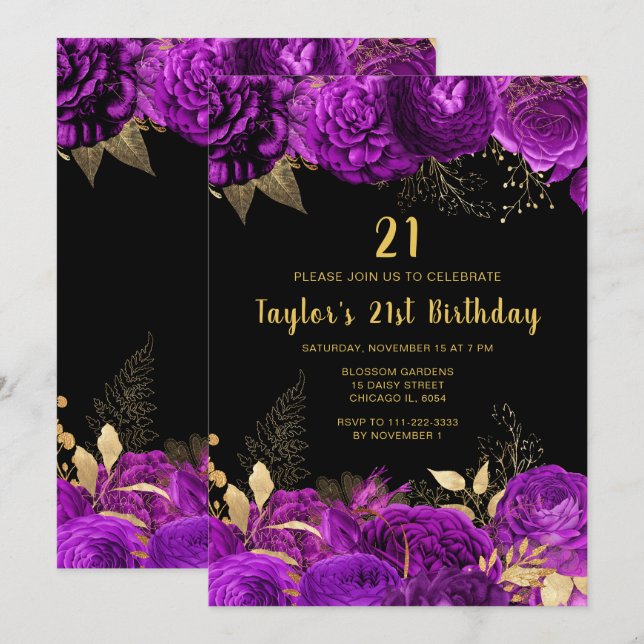 Convites Elegant Purple and Gold Flowers Birthday Party (Frente/Verso)