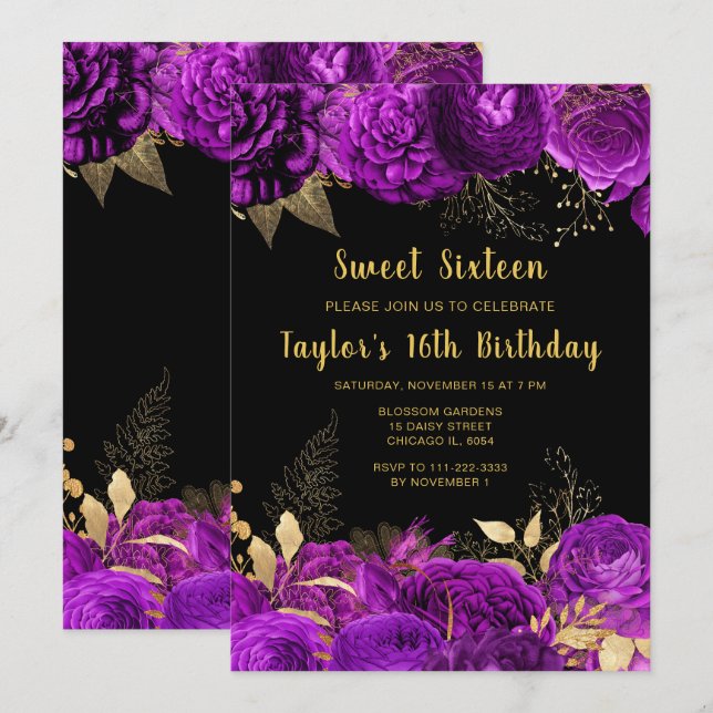 Convites Elegant Purple and Gold Flowers Sweet Sixteen (Frente/Verso)