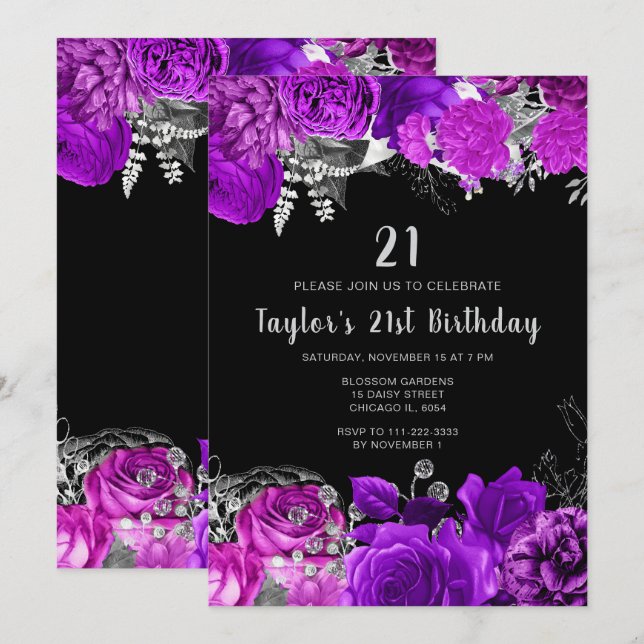 Convites Elegant Purple and Silver Flowers Birthday Party (Frente/Verso)