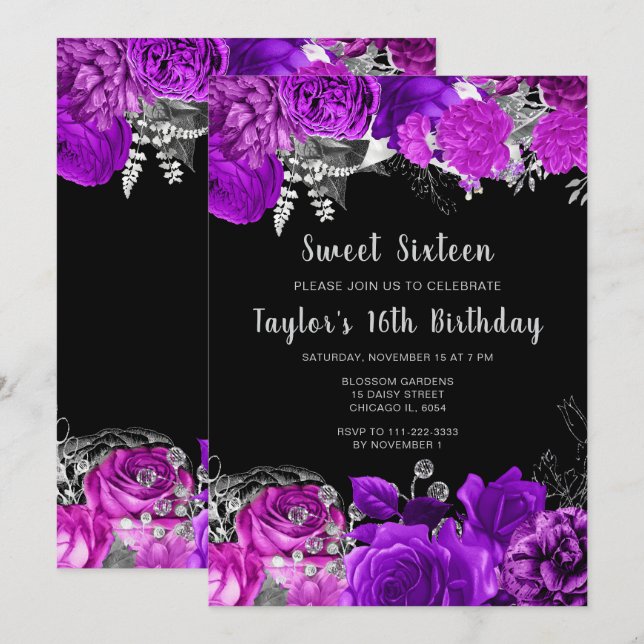 Convites Elegant Purple and Silver Flowers Sweet Sixteen (Frente/Verso)