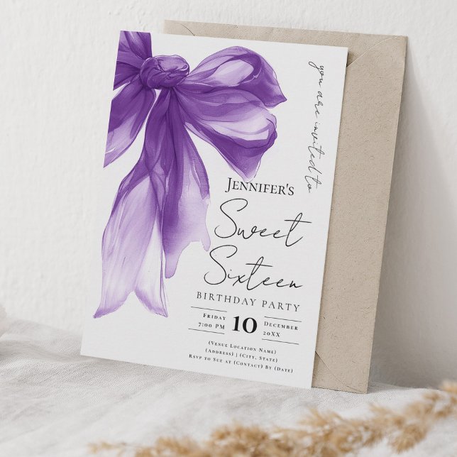 Convites Elegant Purple Bow Coquette Script Sweet 16 Party  (Elegant Purple Bow Coquette Script Sweet 16 Party Invitation)