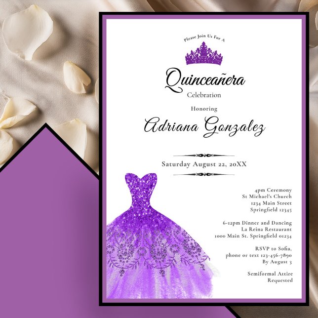 Convites Elegant Purple Dress 15th Birthday Quinceanera (Criador carregado)
