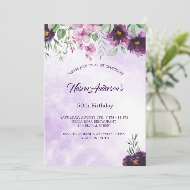 Convites Elegant Purple Floral Birthday Invitation (Em pé/Frente)