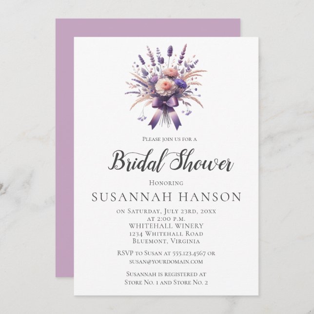 Convites Elegant Purple Floral Bouquet Bridal Shower | (Frente/Verso)