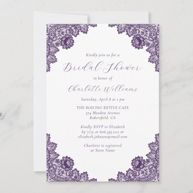 Convites Elegant Purple Floral Lace Burlap Bridal Shower (Frente)
