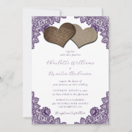 Convites Elegant Purple Floral Lace Burlap Hearts Wedding