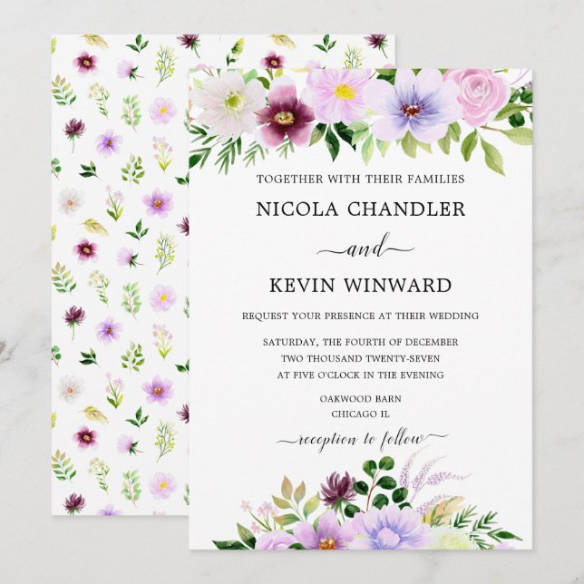 Convites Elegant Purple Floral Wedding (Frente/Verso)