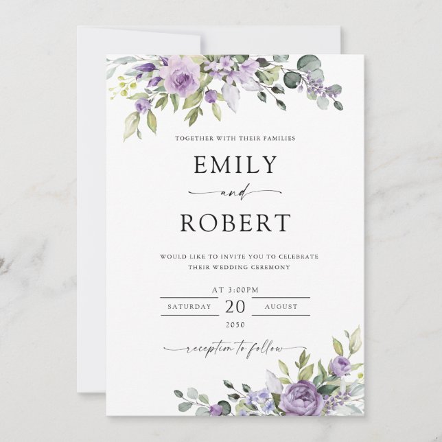 Convites Elegant Purple Floral Wedding Invitation (Frente)