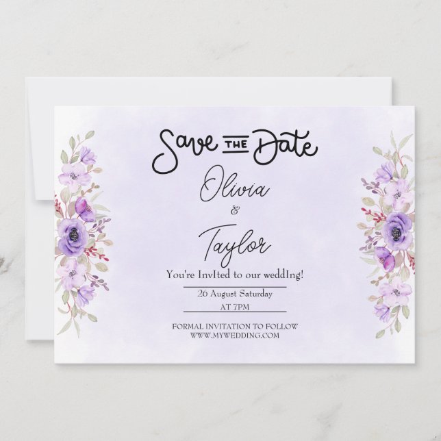 Convites Elegant Purple Floral Wedding Save the Date (Frente)