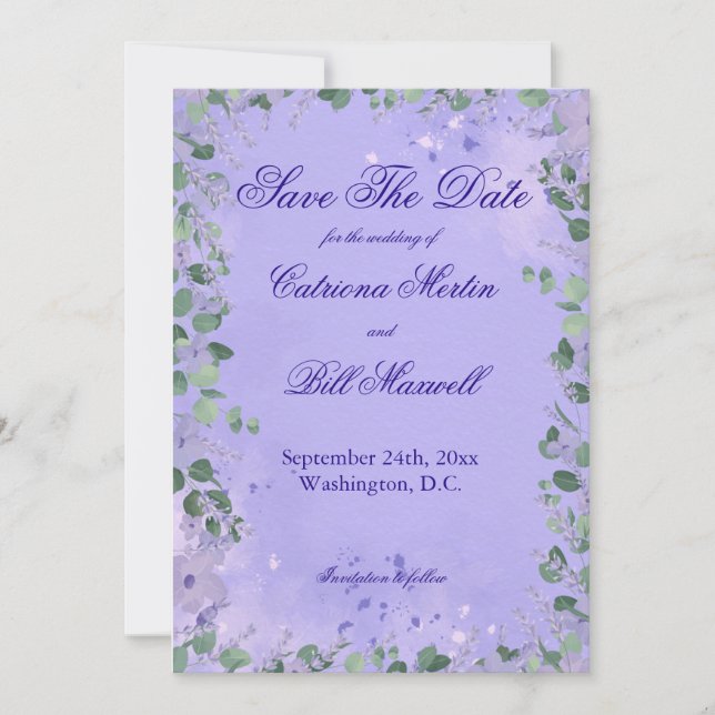 Convites Elegant Purple Florals Wedding Save The Date Card (Frente)
