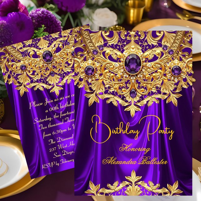 Convites Elegant Purple gems Gold Lace Damask Birthday (Criador carregado)