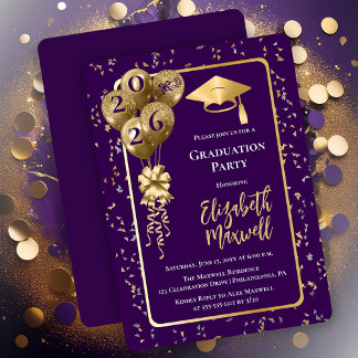 Convites Elegant Purple Gold Balloons Graduation Party