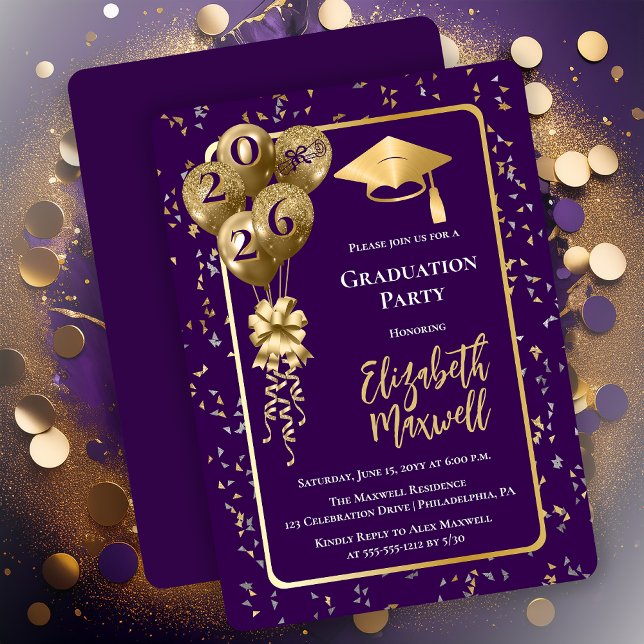 Convites Elegant Purple Gold Balloons Graduation Party (Elegant Purple and Gold Tone Graduation Party Invitation Balloons and Confetti - Print | Digital)