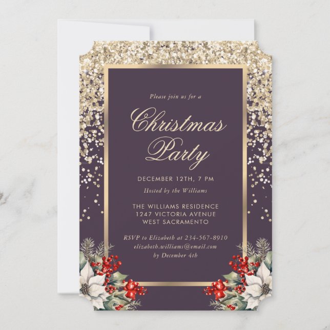 Convites Elegant Purple Gold Botanical Christmas Party (Frente)