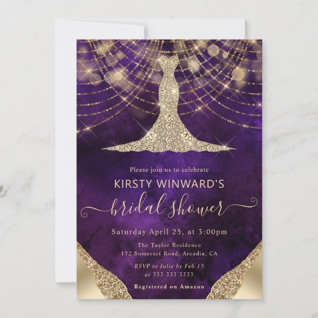 Convites Elegant Purple Gold Gown Bridal Shower (Frente)