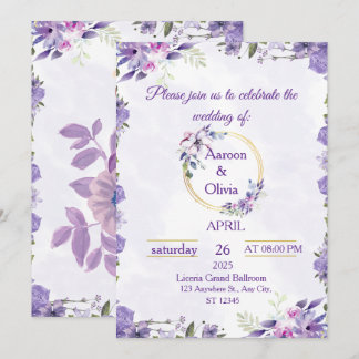 Convites Elegant Purple Gold Watercolor Floral Wedding Invi