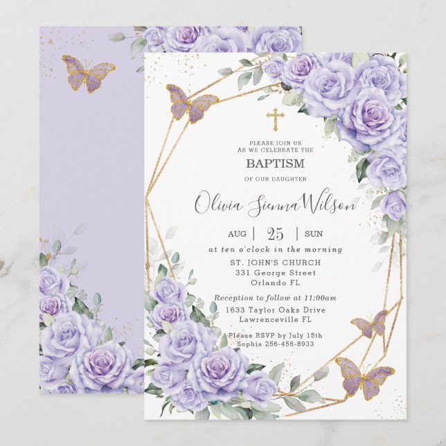 Convites Elegant Purple Lavender Floral Baptism Christening (Frente/Verso)