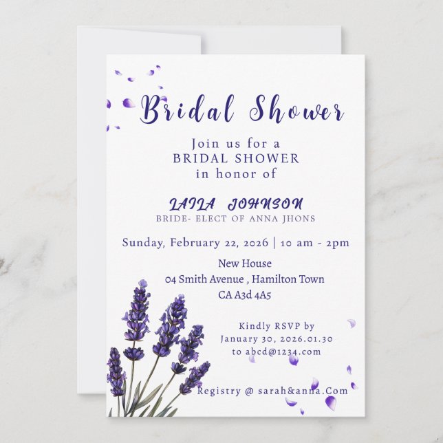 Convites Elegant Purple Lavender Floral Bridal Shower (Frente)