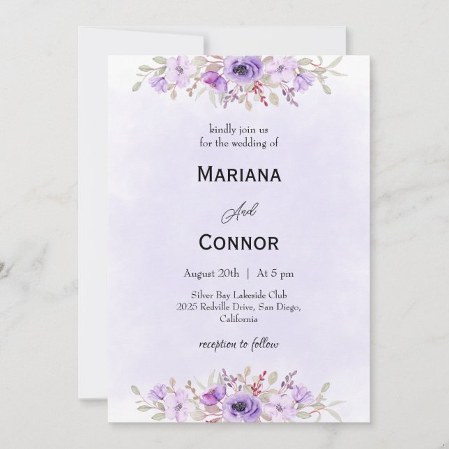Convites Elegant Purple Minimalist Floral Wedding  (Frente)