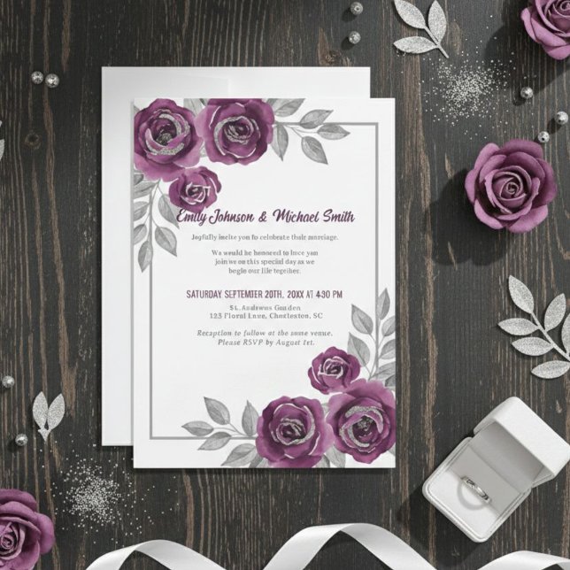 Convites Elegant Purple Roses and Silver Glitter Wedding  (Criador carregado)