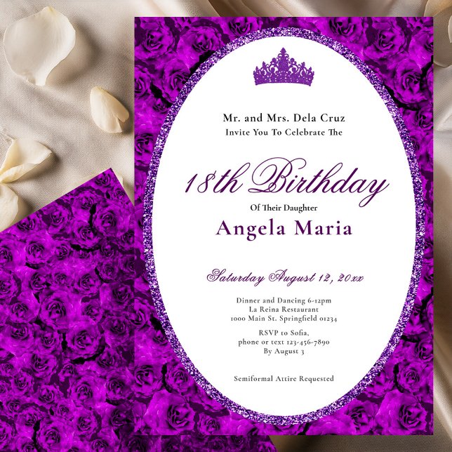Convites Elegant Purple Roses Floral 18th Birthday Debut (Criador carregado)