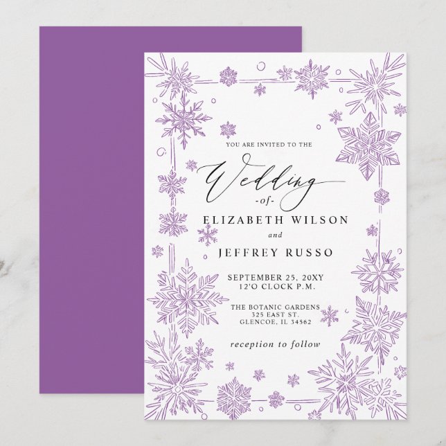 Convites Elegant Purple snowflakes Winter Wedding (Frente/Verso)