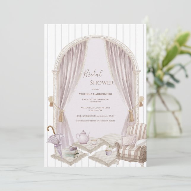 Convites Elegant Purple Stripe Bridal Shower   (Em pé/Frente)