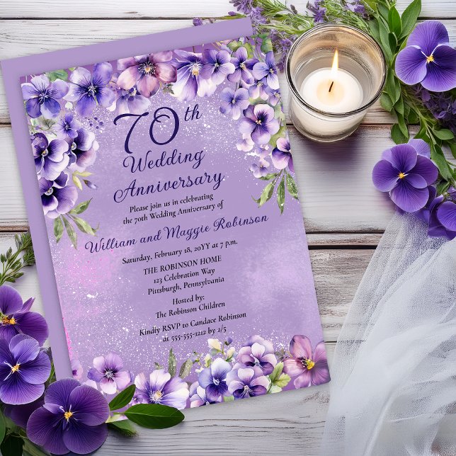 Convites Elegant Purple Violets 70th Wedding Anniversary  (Elegant Purple Violets 70th Wedding Anniversary Invitation -- Print | Digital Download)