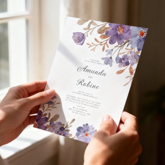 Convites Elegant Purple Watercolor Floral Wedding (Criador carregado)
