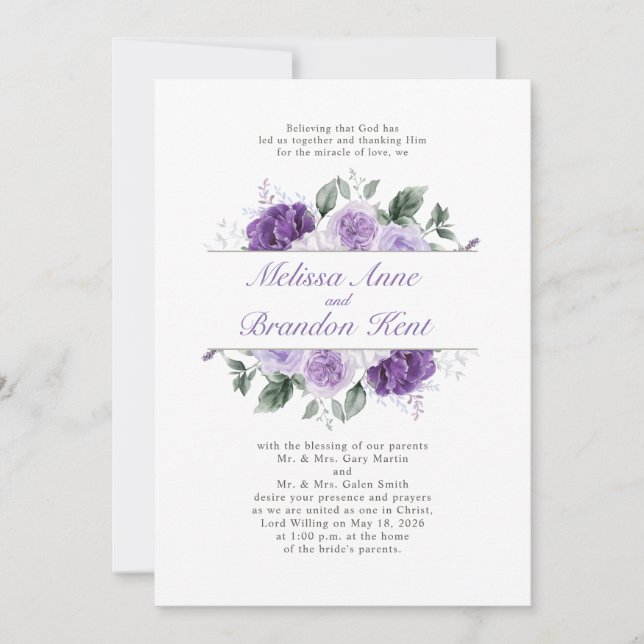 Convites Elegant Purple Watercolor Floral Wedding (Frente)