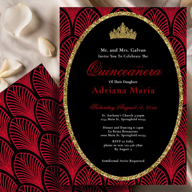 Convites Elegant Quinceanera Invitation Gold Red Art Deco (Criador carregado)