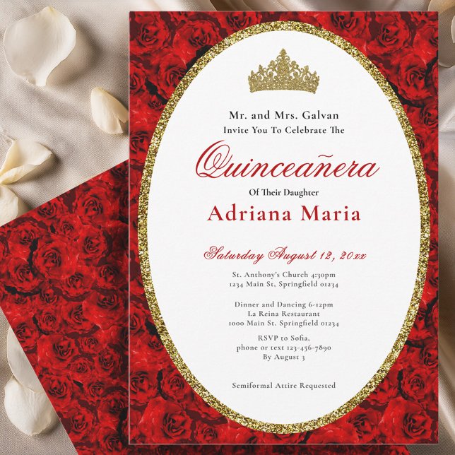 Convites Elegant Quinceanera Invitation Gold Red Floral  (Criador carregado)