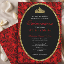 Elegant Quinceanera Invitation Gold Red Floral 