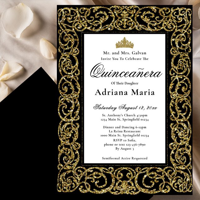 Convites Elegant Quinceanera Invitation Gold Scrollwork (Criador carregado)