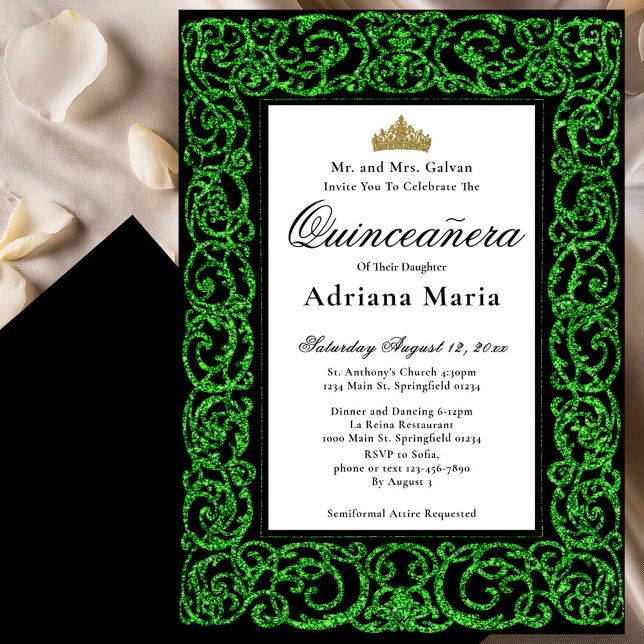 Convites Elegant Quinceanera Invitation Green Scrollwork (Criador carregado)