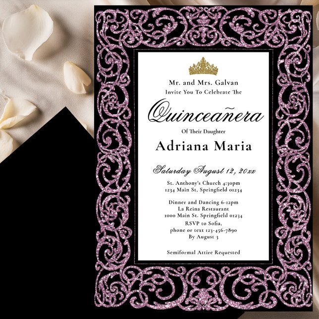 Convites Elegant Quinceanera Invitation Pink Scrollwork (Criador carregado)