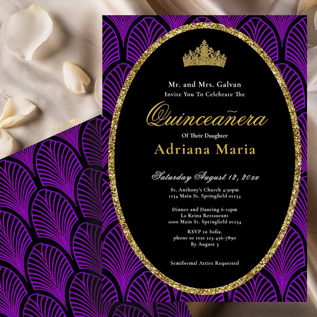 Convites Elegant Quinceanera Invitation Purple Art Deco (Criador carregado)