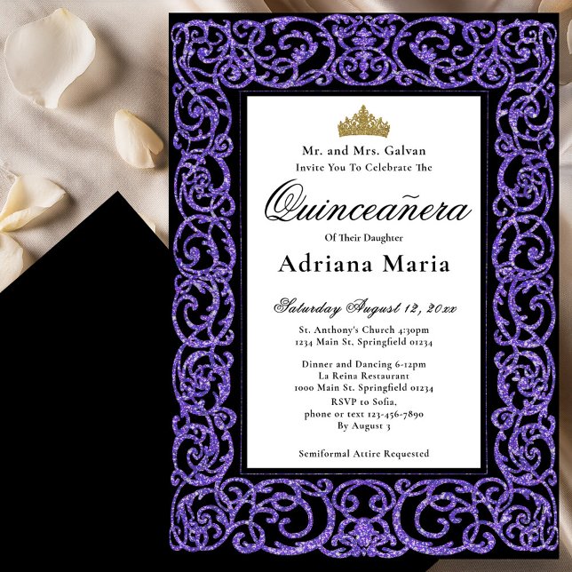 Convites Elegant Quinceanera Invitation Purple Scrollwork (Criador carregado)