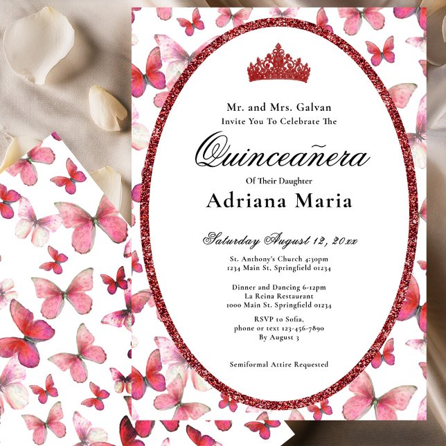 Convites Elegant Quinceanera Invitation Red Butterflies (Criador carregado)