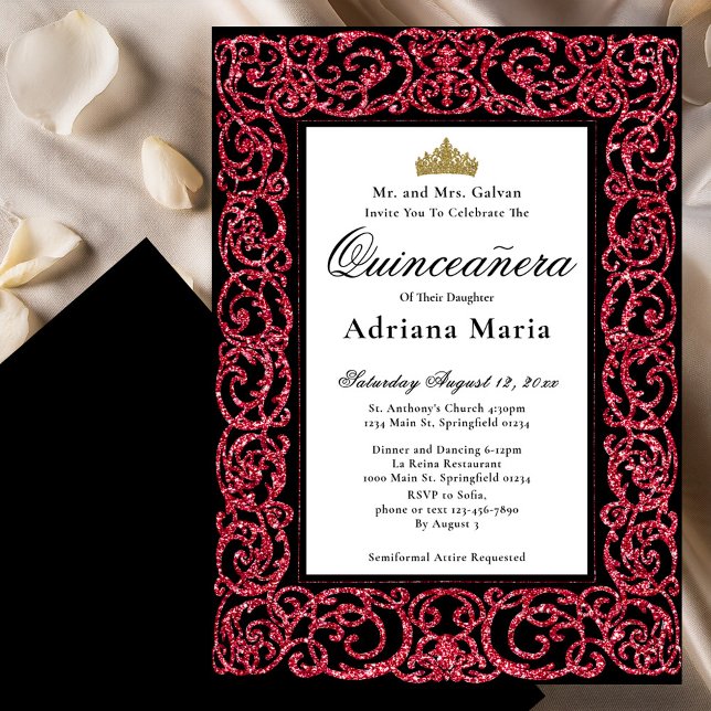 Convites Elegant Quinceanera Invitation Red Scrollwork (Criador carregado)