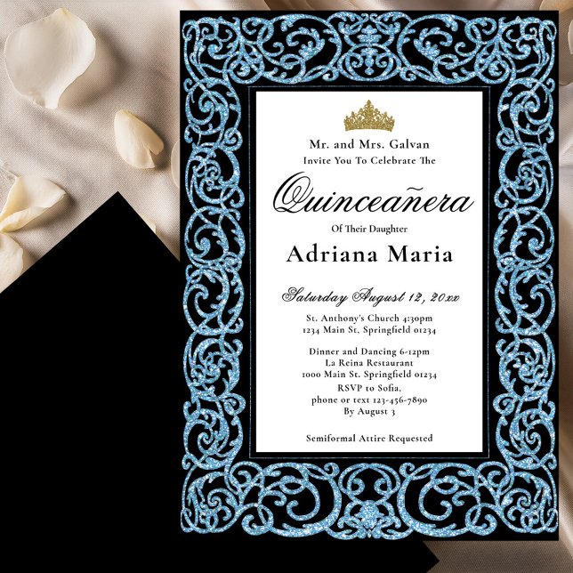 Convites Elegant Quinceanera Invitation Sky Blue Scrollwork (Criador carregado)