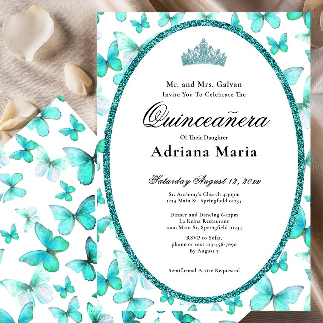 Convites Elegant Quinceanera Invitation Teal Butterflies (Criador carregado)