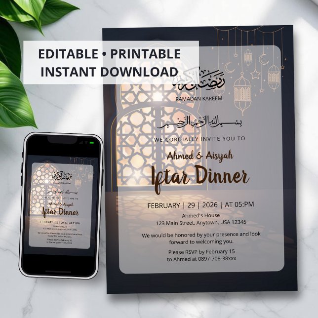 Convites Elegant Ramadan Iftar Invitation Golden Lantern (Criador carregado)