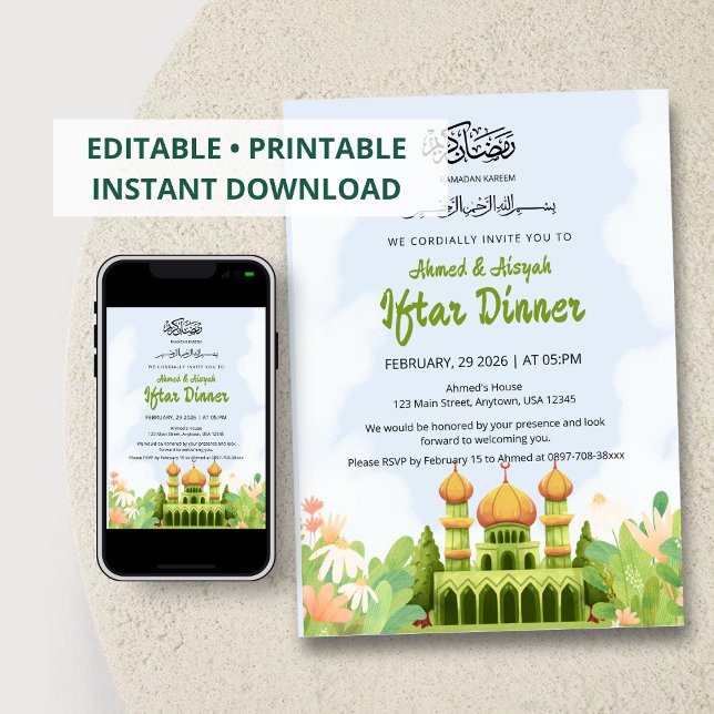 Convites Elegant Ramadan Iftar Invitation with Green Mosque (Criador carregado)