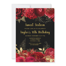 Elegant Red and Gold Flowers Sweet Sixteen