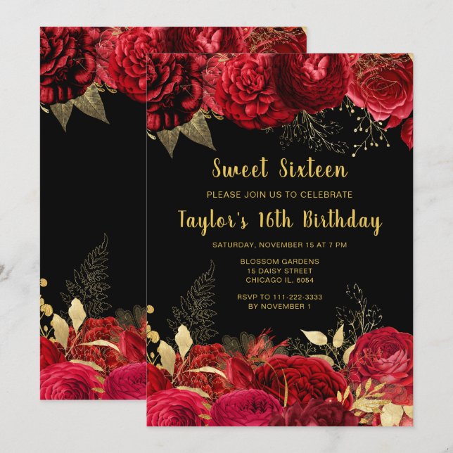 Convites Elegant Red and Gold Flowers Sweet Sixteen (Frente/Verso)