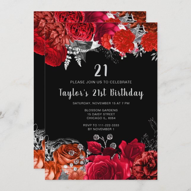 Convites Elegant Red and Silver Flowers Birthday Party (Frente/Verso)