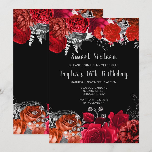Convites Elegant Red and Silver Flowers Sweet Sixteen (Frente/Verso)