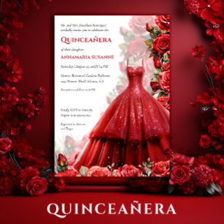 Convites Elegant Red Ball Gown Red Roses Quinceanera |